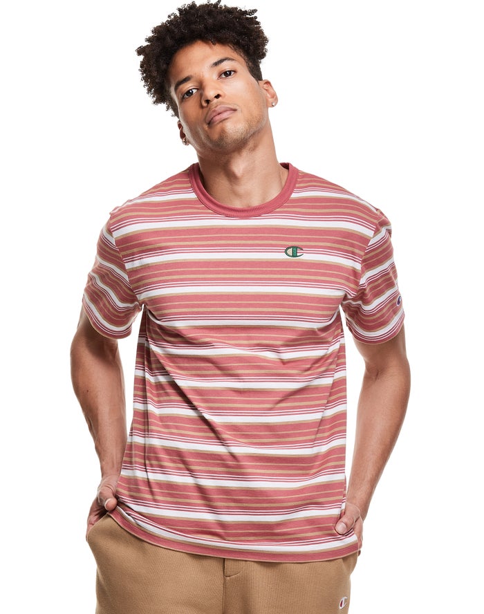 Champion Mens T-Shirt NZ - Yarn-Dye Stripe C Logo Coral/White ( 4695-QWKCN )